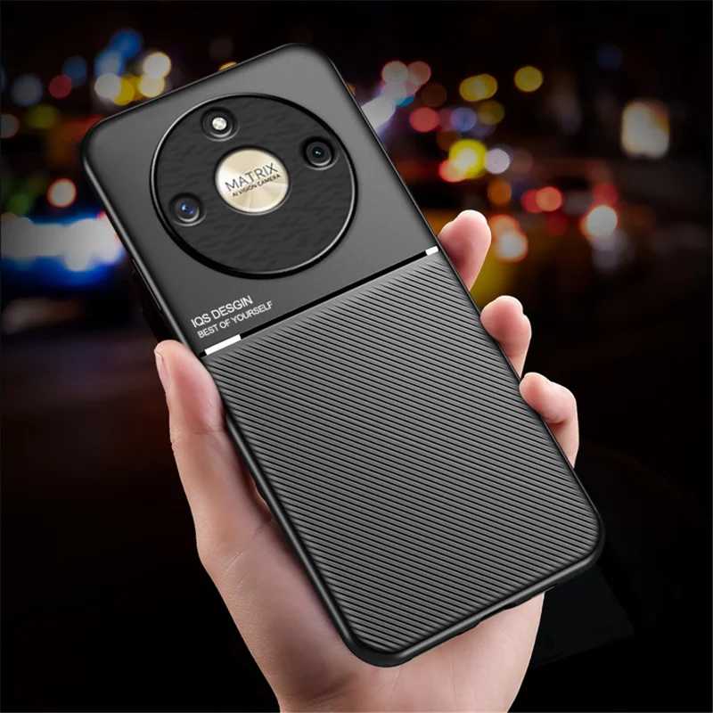 Lines Imprinted PU Leather+TPU Case for Honor X50 , Phone Cover with Car Mount Metal Sheet - Red