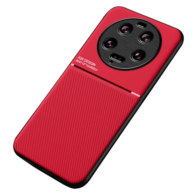 For Xiaomi 13 Ultra Lines Imprinted PU Leather+TPU Case Magnetic Car Holder Phone Cover - Red