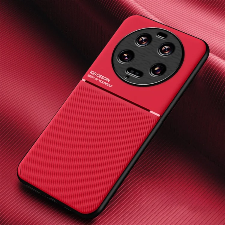 For Xiaomi 13 Ultra Lines Imprinted PU Leather+TPU Case Magnetic Car Holder Phone Cover - Red