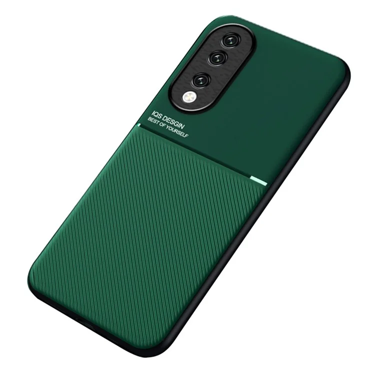 PU Leather+TPU Phone Cover for Honor 90 , Lines Imprinted Magnetic Car Holder Cell Phone Case - Green