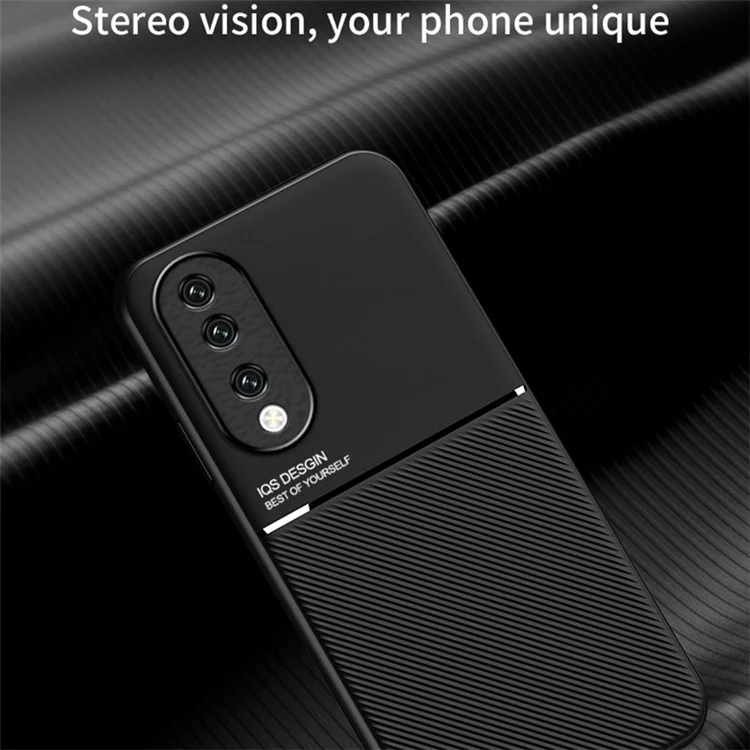 PU Leather+TPU Phone Cover for Honor 90 , Lines Imprinted Magnetic Car Holder Cell Phone Case - Green