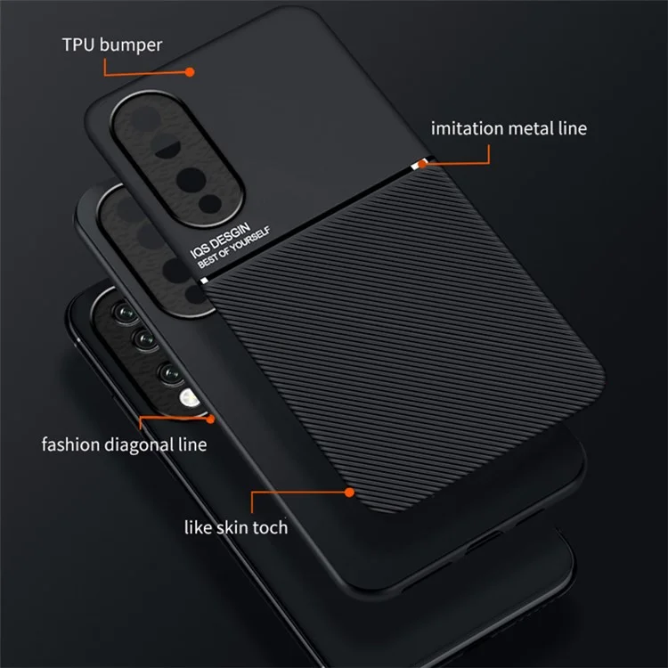 PU Leather+TPU Phone Cover for Honor 90 , Lines Imprinted Magnetic Car Holder Cell Phone Case - Green