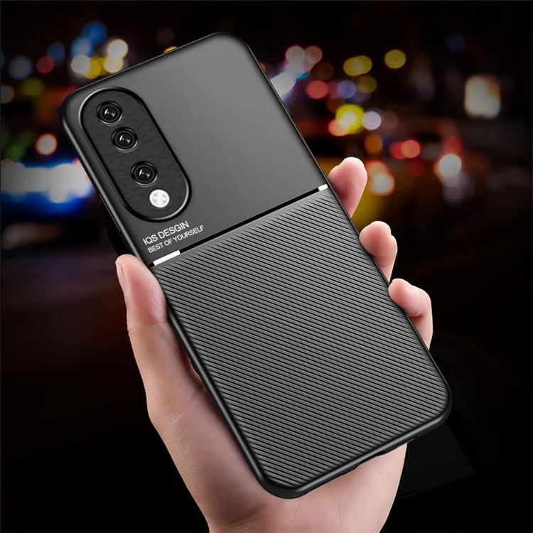 PU Leather+TPU Phone Cover for Honor 90 , Lines Imprinted Magnetic Car Holder Cell Phone Case - Green
