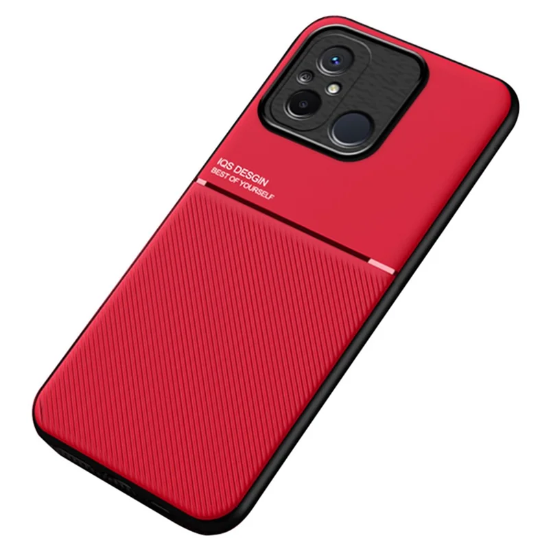 For Xiaomi Redmi 12C 4G / Poco C55 4G Phone Case Lines Imprinted PU Leather+TPU Magnetic Car Mount Phone Cover - Red