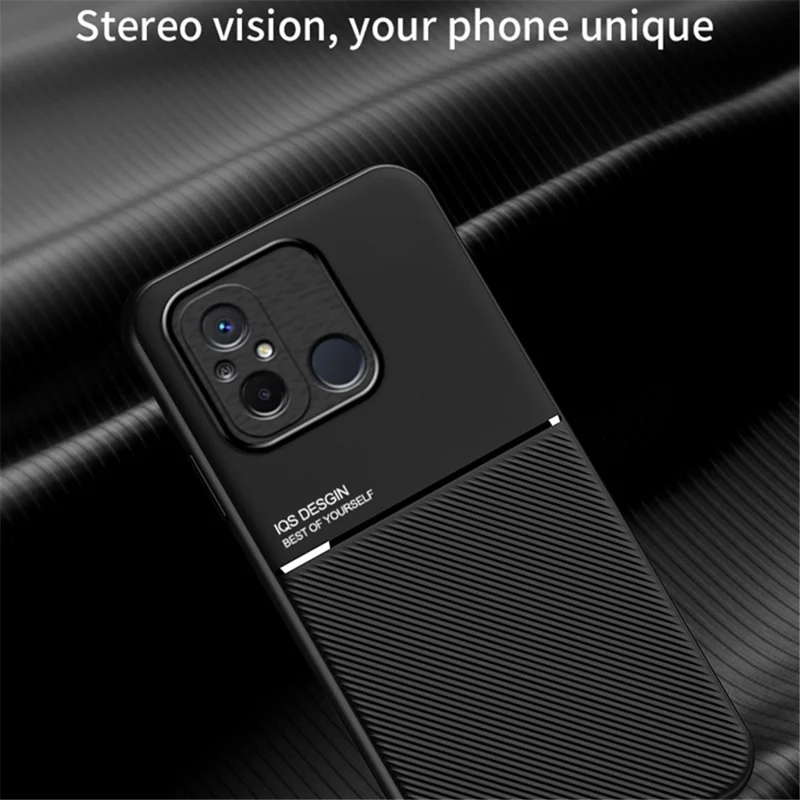 For Xiaomi Redmi 12C 4G / Poco C55 4G Phone Case Lines Imprinted PU Leather+TPU Magnetic Car Mount Phone Cover - Red
