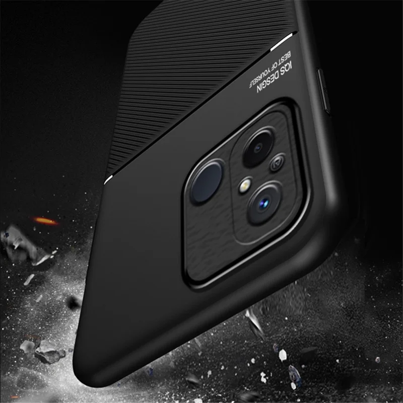 For Xiaomi Redmi 12C 4G / Poco C55 4G Phone Case Lines Imprinted PU Leather+TPU Magnetic Car Mount Phone Cover - Red