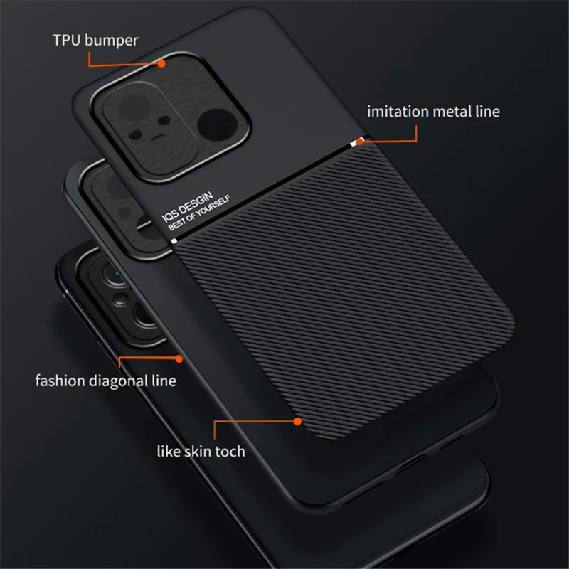 For Xiaomi Redmi 12C 4G / Poco C55 4G Phone Case Lines Imprinted PU Leather+TPU Magnetic Car Mount Phone Cover - Red