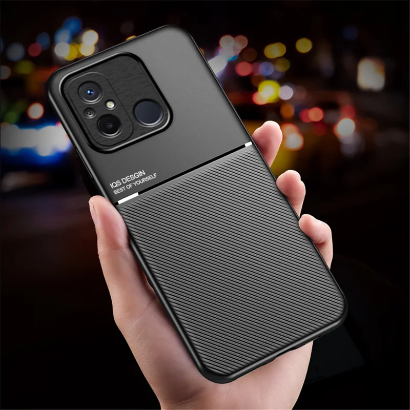 For Xiaomi Redmi 12C 4G / Poco C55 4G Phone Case Lines Imprinted PU Leather+TPU Magnetic Car Mount Phone Cover - Red