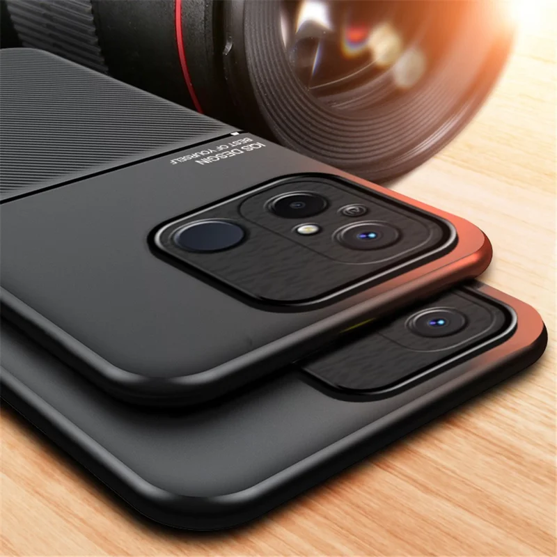 For Xiaomi Redmi 12C 4G / Poco C55 4G Phone Case Lines Imprinted PU Leather+TPU Magnetic Car Mount Phone Cover - Red
