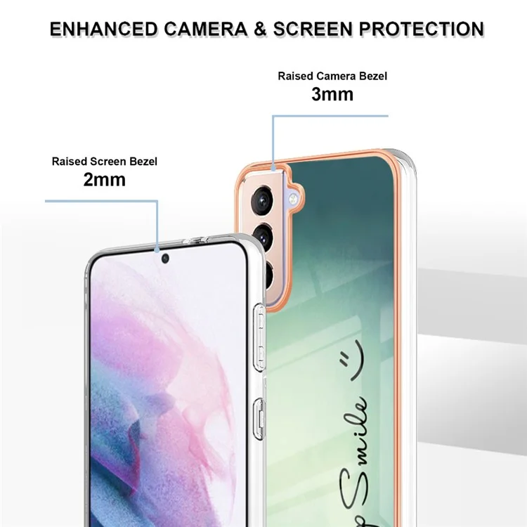 YB IMD Series-19 Style D 2.0mm Étui TPU pour Samsung Galaxy S21 FE 5G, Couverture de téléphone anti-chute avec motif IMD et électroplaquage - Gardez le sourire