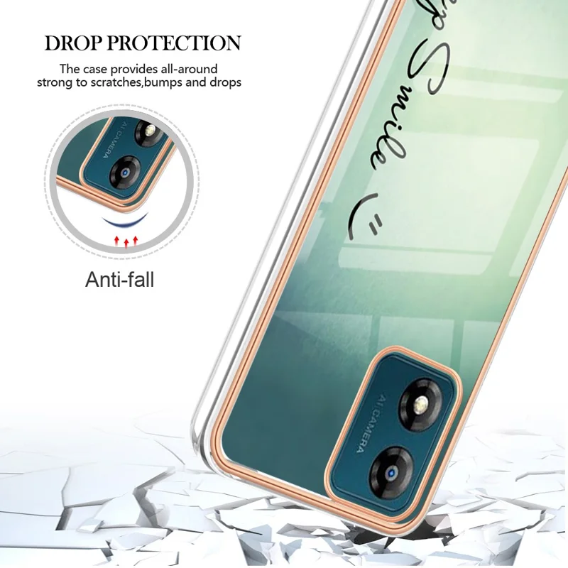 YB seria IMD-19 styl D, obudowa z TPU dla Motorola Moto E13 4G, etui na telefon z nadrukiem elektrolitycznym 2,0 mm, wzór drukowany IMD – Keep Smile