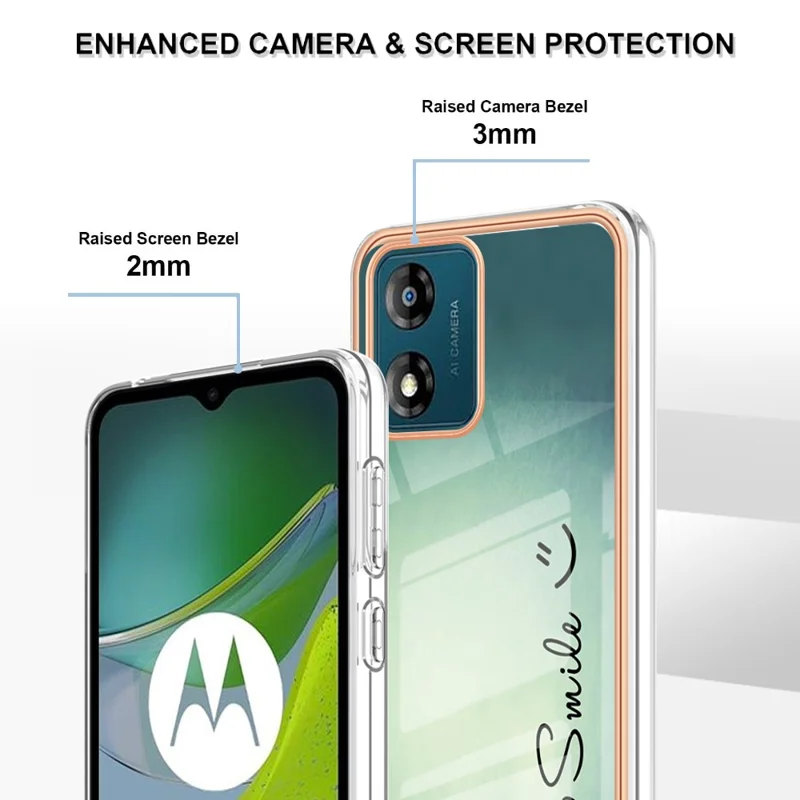 YB seria IMD-19 styl D, obudowa z TPU dla Motorola Moto E13 4G, etui na telefon z nadrukiem elektrolitycznym 2,0 mm, wzór drukowany IMD – Keep Smile
