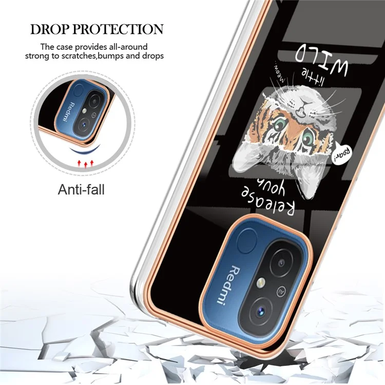 YB IMD Series-19 Style D für Xiaomi Redmi 12C 4G / Redmi 11A 4G 2.0mm TPU-Handyhülle Elektroplattierung IMD-Musterdruck TPU-Abdeckung - Katze / Tiger