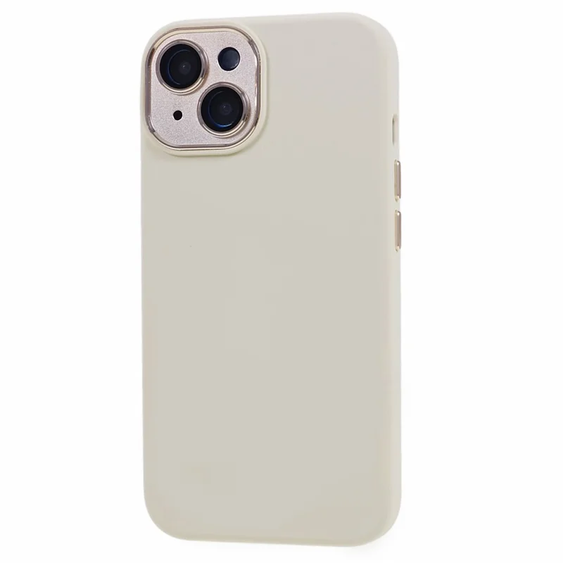 For iPhone 15 Liquid Silicone+PC Phone Cover Aluminum Alloy+Tempered Glass Lens Protection Back Case - Antique White