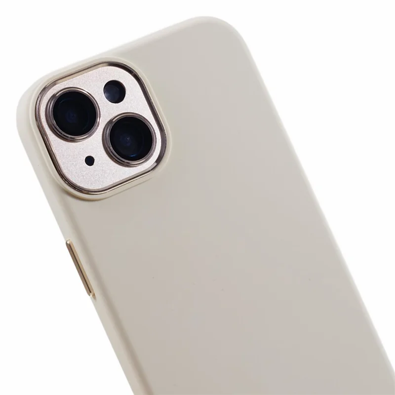 For iPhone 15 Liquid Silicone+PC Phone Cover Aluminum Alloy+Tempered Glass Lens Protection Back Case - Antique White