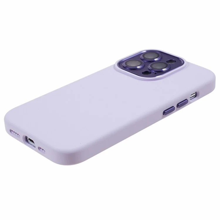 Per iPhone 15 Pro Liquid Silicone+PC Back Case Alluminio Lega+Protezione Lente in Vetro Temperato Custodia per Telefono - Morandi Viola