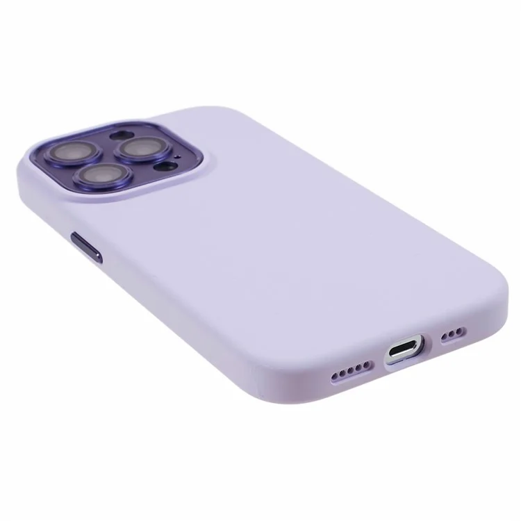 Per iPhone 15 Pro Liquid Silicone+PC Back Case Alluminio Lega+Protezione Lente in Vetro Temperato Custodia per Telefono - Morandi Viola