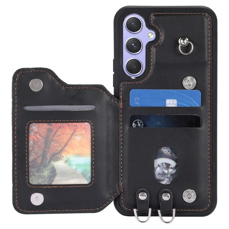 Style 008 For Samsung Galaxy A14 5G / A14 4G PU Leather+TPU Phone Cover Kickstand RFID Blocking Phone Case with 2 Straps - Black