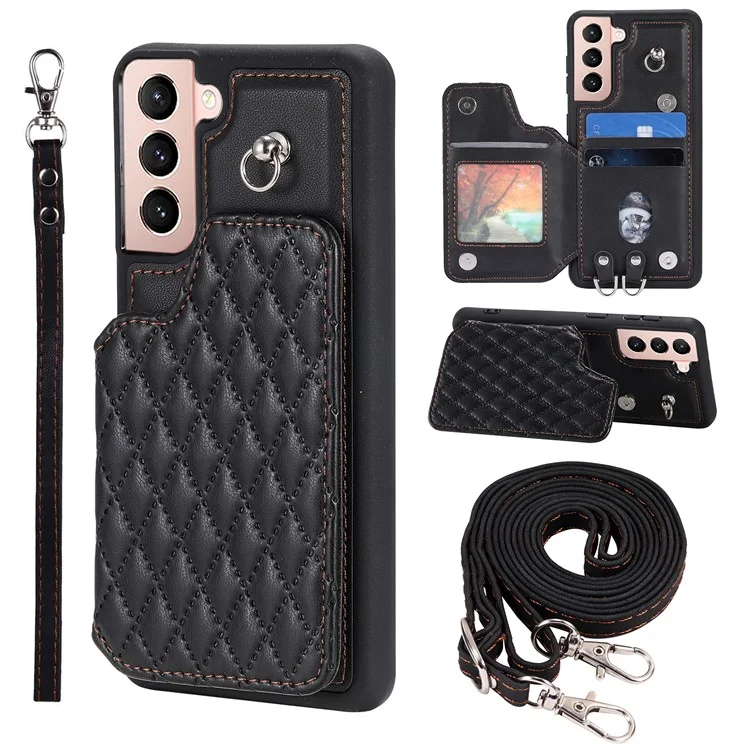 Стиль 008 для Samsung Galaxy S22+ 5G Anti-Scratch Phone Case Kickstand RFID Blocking PU Leather+TPU Cover with 2 Straps - Черный