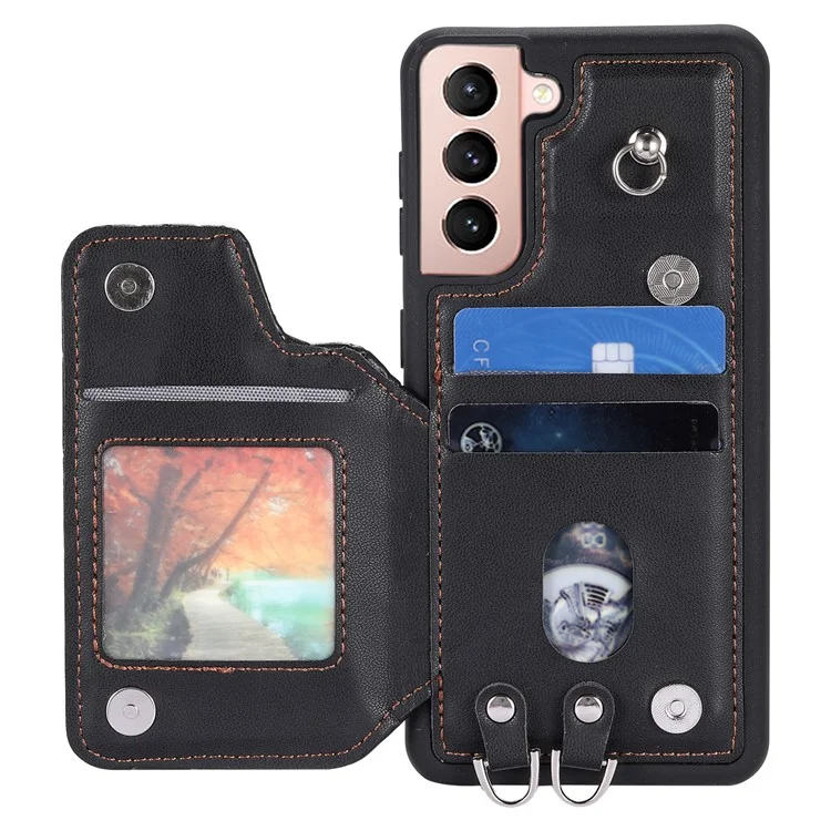 Стиль 008 для Samsung Galaxy S22+ 5G Anti-Scratch Phone Case Kickstand RFID Blocking PU Leather+TPU Cover with 2 Straps - Черный