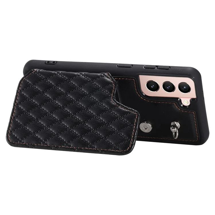 Стиль 008 для Samsung Galaxy S22+ 5G Anti-Scratch Phone Case Kickstand RFID Blocking PU Leather+TPU Cover with 2 Straps - Черный