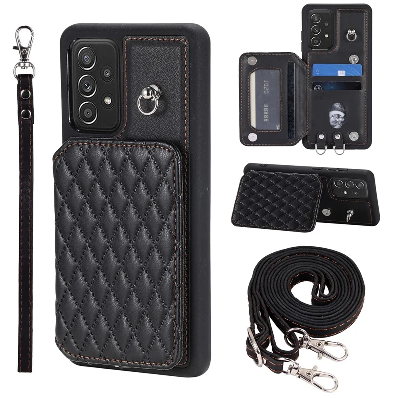 Style 008 For Samsung Galaxy A53 5G RFID Blocking Kickstand Case Rhombus Imprinted PU+TPU Phone Cover with Straps - Black