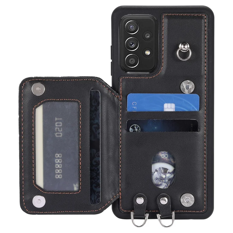 Style 008 For Samsung Galaxy A53 5G RFID Blocking Kickstand Case Rhombus Imprinted PU+TPU Phone Cover with Straps - Black