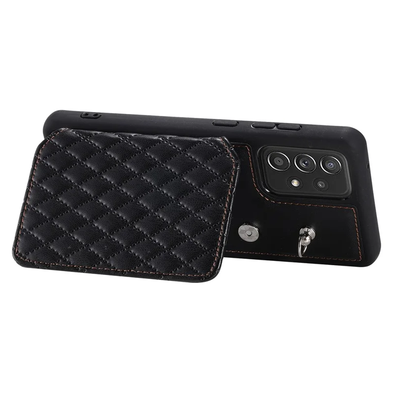 Style 008 For Samsung Galaxy A53 5G RFID Blocking Kickstand Case Rhombus Imprinted PU+TPU Phone Cover with Straps - Black