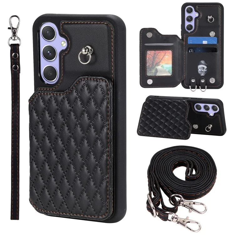 Style 008 Rhombus Imprinted Phone Case für Samsung Galaxy A54 5G RFID-blockierendes PU+TPU-Telefoncover mit Riemen - Schwarz