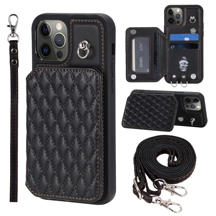 Style 008 Protective Phone Case for iPhone 12 Pro Max 6.7 inch RFID Blocking Imprinted PU+TPU Phone Cover with Straps - Black