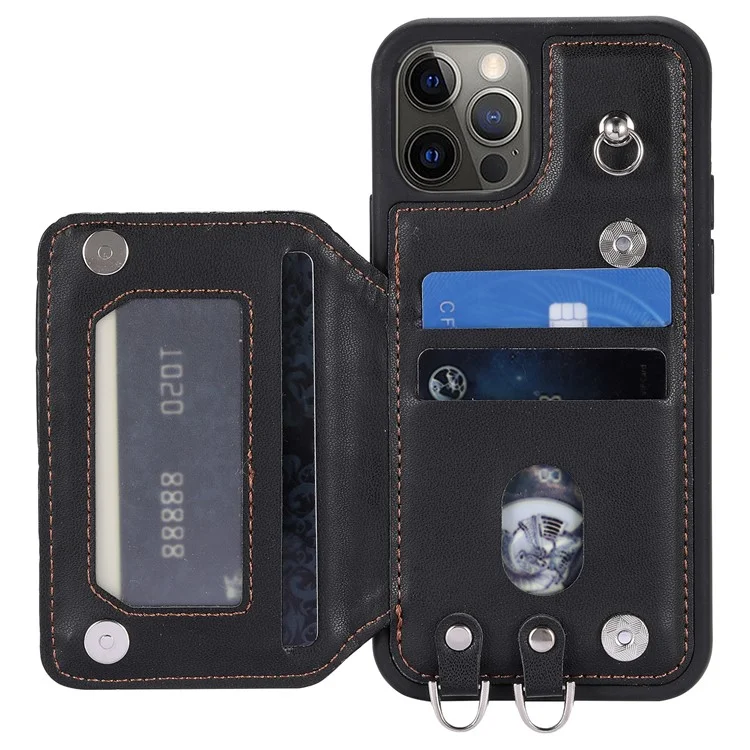 Style 008 Protective Phone Case for iPhone 12 Pro Max 6.7 inch RFID Blocking Imprinted PU+TPU Phone Cover with Straps - Black