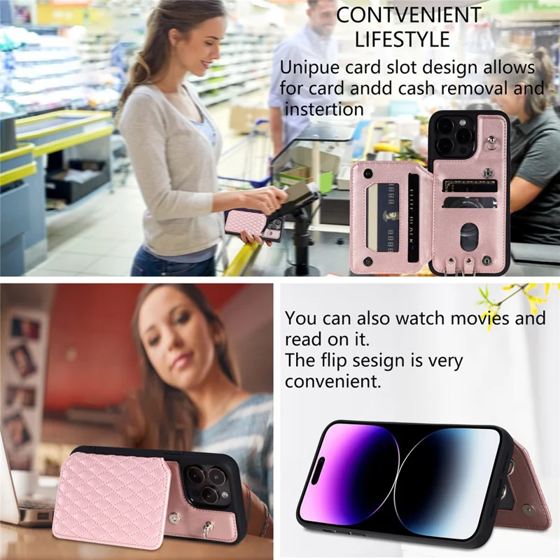 Style 008 For iPhone 14 Pro Max RFID Blocking Protective Case Anti-Scratch PU+TPU Phone Shell - Rose Gold