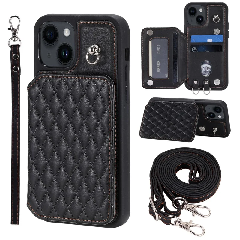 Style 008 For iPhone 15 Plus RFID Blocking Shockproof Case Anti-Drop PU+TPU Phone Shell with Straps - Black