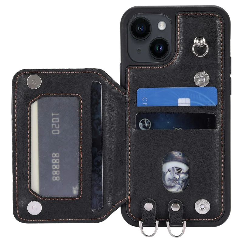 Style 008 For iPhone 15 Plus RFID Blocking Shockproof Case Anti-Drop PU+TPU Phone Shell with Straps - Black