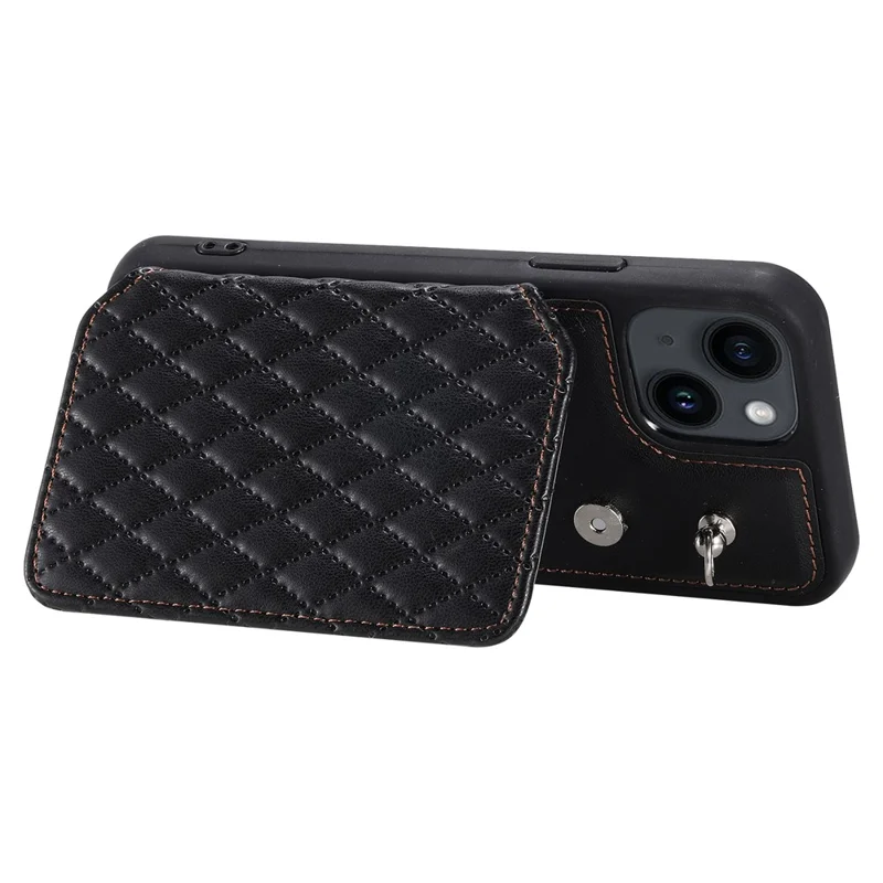 Style 008 For iPhone 15 Plus RFID Blocking Shockproof Case Anti-Drop PU+TPU Phone Shell with Straps - Black
