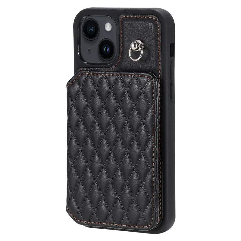 Style 008 For iPhone 15 Plus RFID Blocking Shockproof Case Anti-Drop PU+TPU Phone Shell with Straps - Black