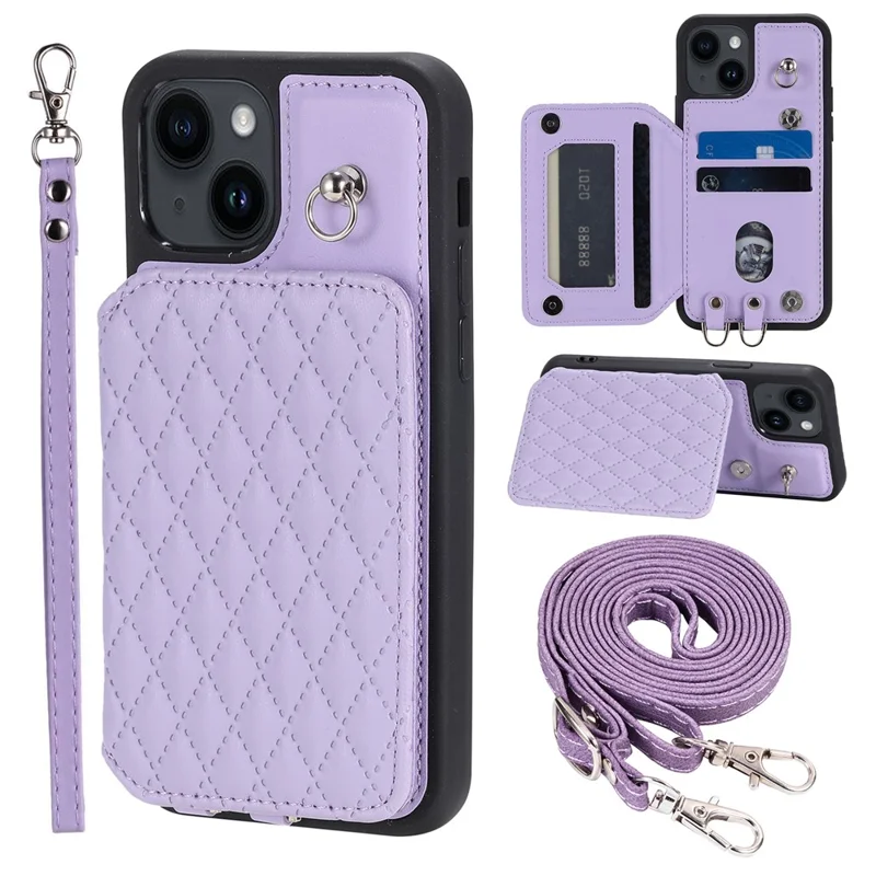 Style 008 RFID Blocking Phone Case for iPhone 13 6.1 inch Protective Case Anti-Drop PU+TPU Phone Shell with Straps - Purple
