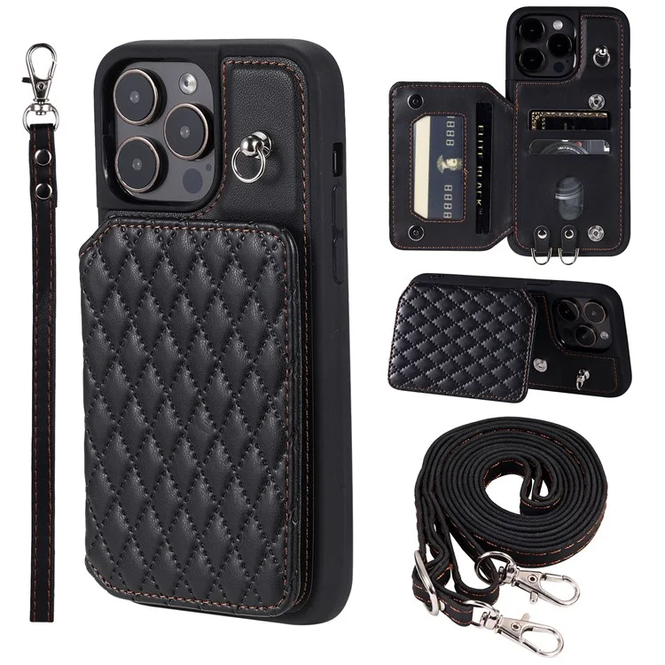 Style 008 Pour iPhone 14 Pro RFID Blocking Card Holder Kickstand Case Leather+TPU Phone Cover avec 2 courroies - Noir
