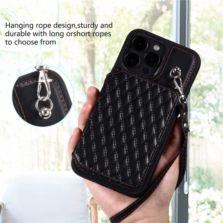 Style 008 Pour iPhone 14 Pro RFID Blocking Card Holder Kickstand Case Leather+TPU Phone Cover avec 2 courroies - Noir