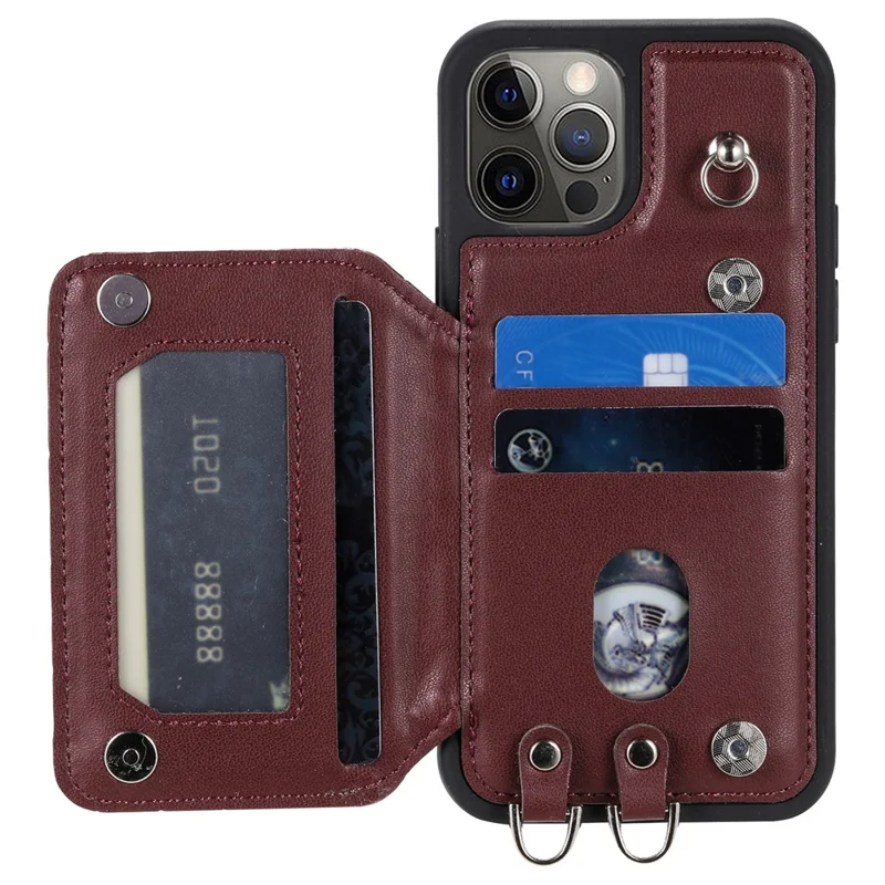 Style 008 For iPhone 12 / 12 Pro 6.1 inch Shockproof Phone Case RFID Blocking PU+TPU Phone Shell with Straps - Wine Red
