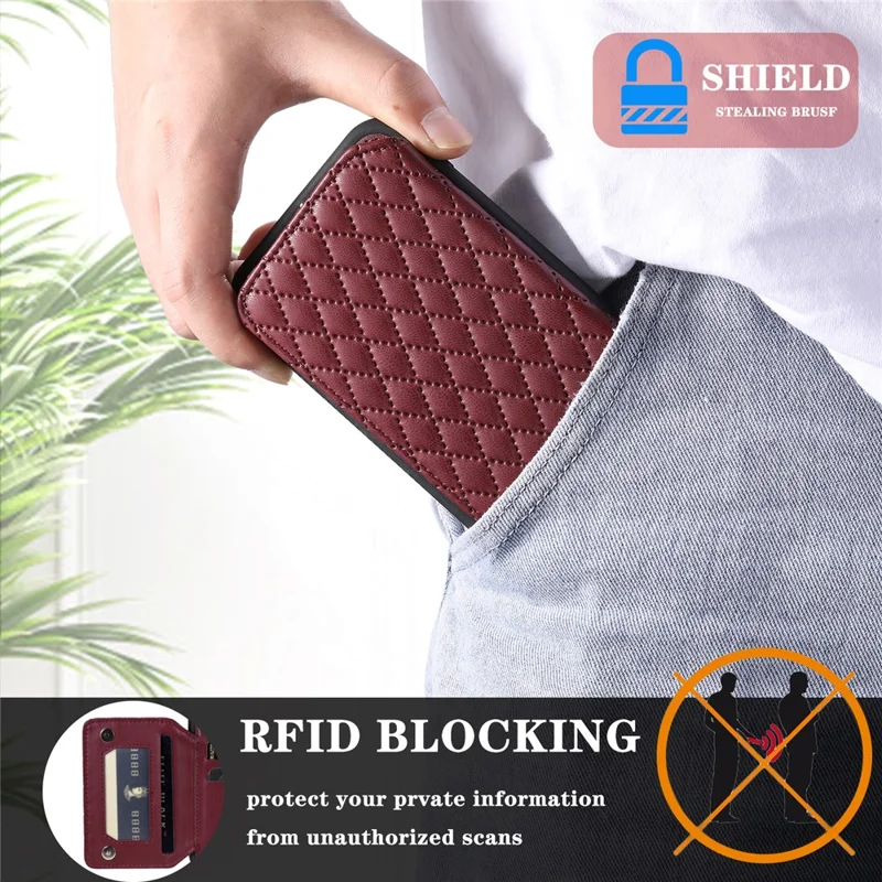 Style 008 For iPhone 12 / 12 Pro 6.1 inch Shockproof Phone Case RFID Blocking PU+TPU Phone Shell with Straps - Wine Red