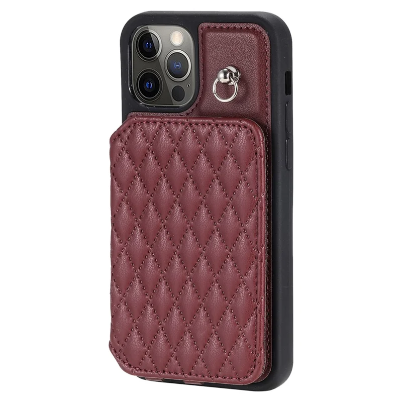 Style 008 For iPhone 12 / 12 Pro 6.1 inch Shockproof Phone Case RFID Blocking PU+TPU Phone Shell with Straps - Wine Red