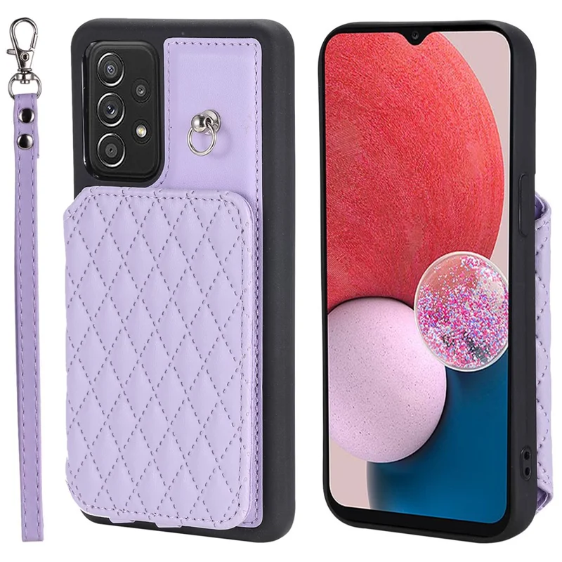Style 008 PU Leather+TPU Phone Cover for Samsung Galaxy A13 4G / A13 5G Kickstand RFID Blocking Phone Case with Wrist Strap - Purple