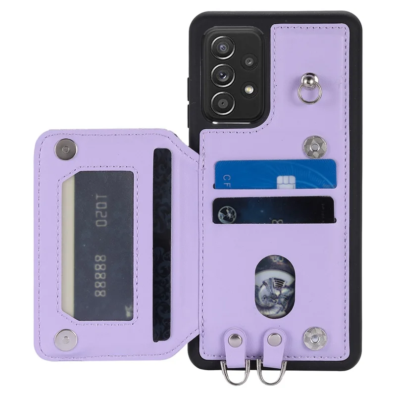 Style 008 PU Leather+TPU Phone Cover for Samsung Galaxy A13 4G / A13 5G Kickstand RFID Blocking Phone Case with Wrist Strap - Purple