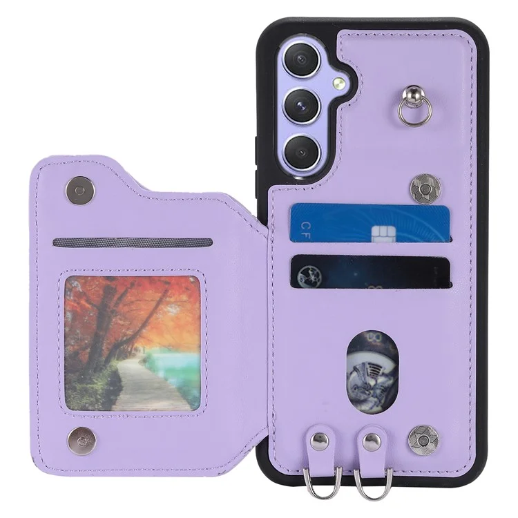 Style 008 pour Samsung Galaxy A14 5G / A14 4G Coque de protection avec support Étui en cuir PU+TPU Blocage RFID Coque de téléphone avec sangle de poignet - Violet