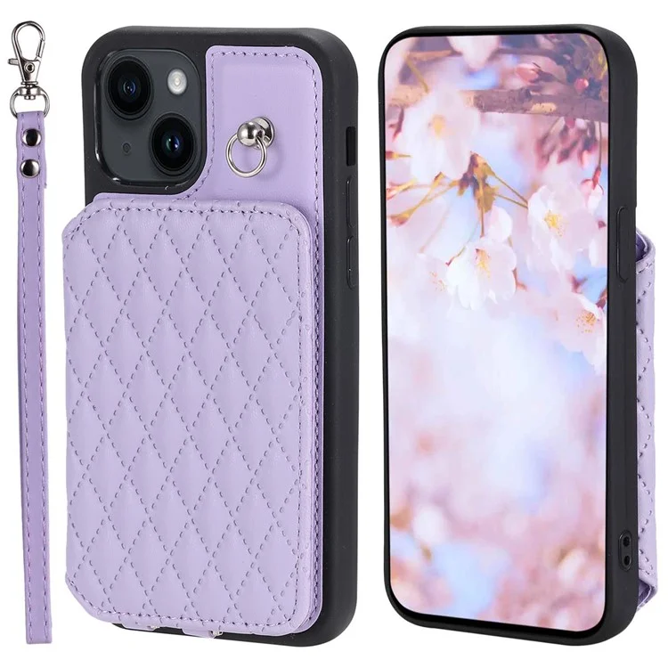 Style 008 For iPhone 15 Plus RFID Blocking Case Drop Resistant PU+TPU Phone Shell with Wrist Strap - Purple