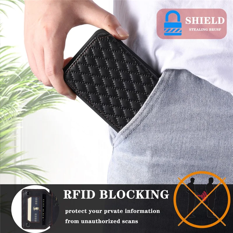 Style 008 voor iPhone 15 Plus RFID-blokkerende hoes, valbestendig PU+TPU telefoonhoesje met polsbandje - Zwart