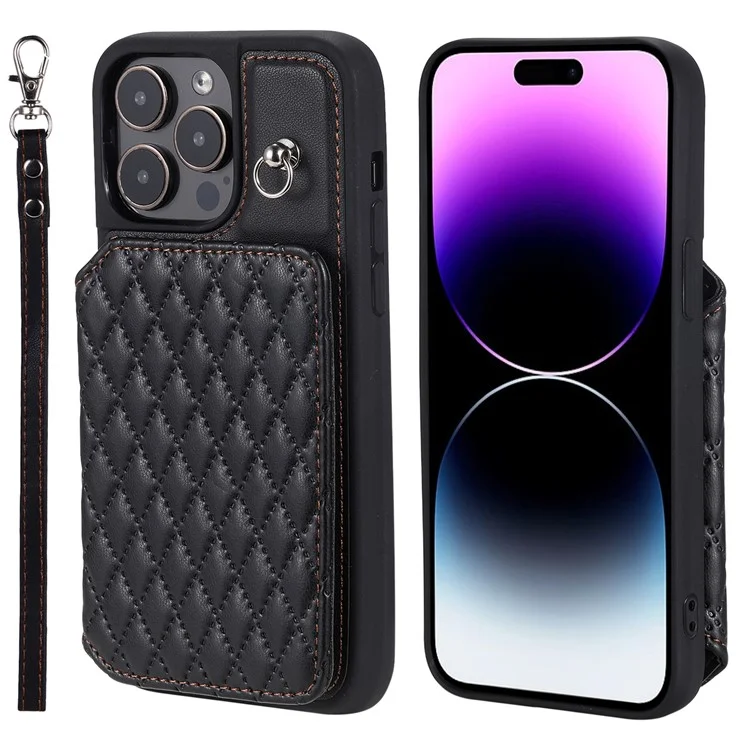 Style 008 Phone Case for iPhone 15 Pro Max RFID Blocking PU Leather Coated TPU Shell with Wrist Strap - Black