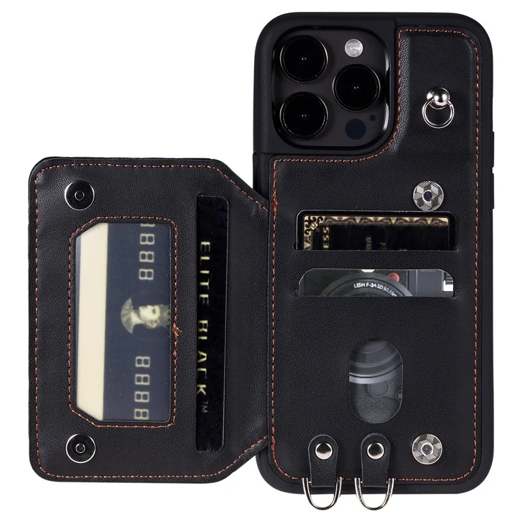 Style 008 Phone Case for iPhone 15 Pro Max RFID Blocking PU Leather Coated TPU Shell with Wrist Strap - Black