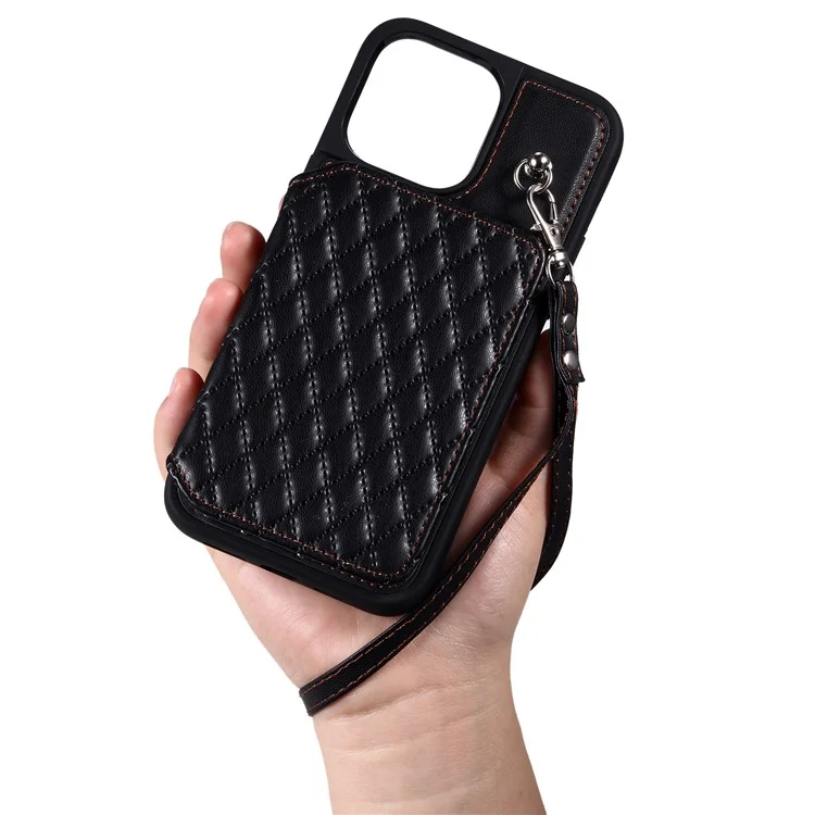 Style 008 Phone Case for iPhone 15 Pro Max RFID Blocking PU Leather Coated TPU Shell with Wrist Strap - Black